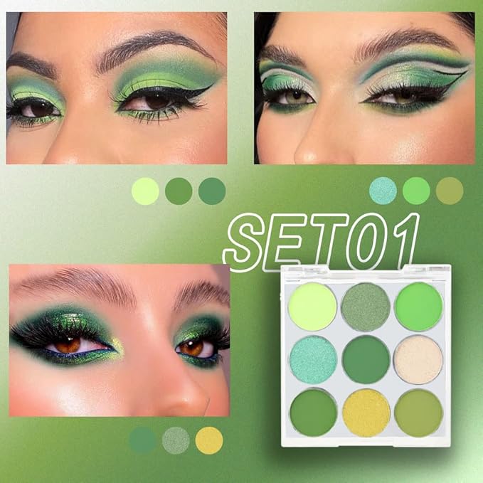9-Color Shimmer & Matte Green Eyeshadow Palette – Highly Pigmented Light & Dark Green Shades, Blendable Shiny & Matt Makeup Powder