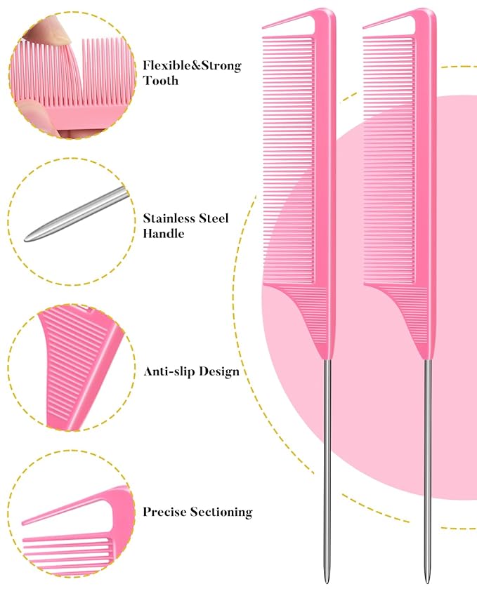 MORGLES 70PCS Metal Hair Roller Clips Bulk with A Organizer Box 3 Sizes Duck Billed Hair Clips with 2Pcs Pink Rat Tail Combs for Parting