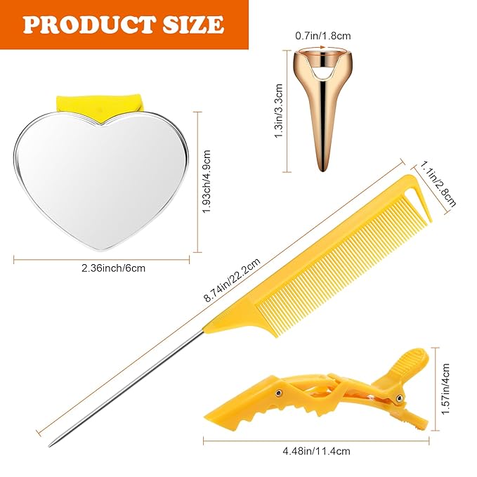 17 Pieces Hair Parting Tools Set Heart, Included 8P Parting Ring 2P Metal Rat Tail Comb 6P Hair Sectioning Clip with 1P Magnetic Wrist Sewing Pin Holder for Braiding (Yellow)