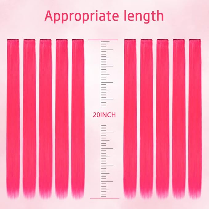 20 Inch Colored Hair Extensions Party Highlights Straight Colorful Clip In Hair Extensions Synthetic Rainbow Hairpieces for Girls Kids Gift(10Pcs Pink)