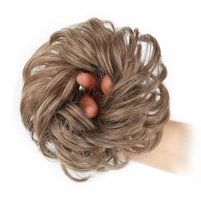 MORICA 1PCS Messy Hair Bun Hair Scrunchies Extension Curly Wavy Messy Bun Hair Synthetic Chignon Hairpieces for Women(12/24#(Light Golden Brown & Pale Golden Blonde Mixed))