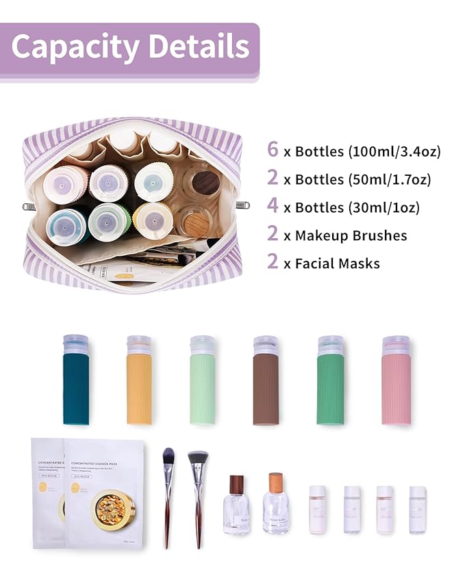 Narwey Striped Makeup Bag Travel Cosmetic Bag Organizer Toiletry Bag Make Up Bags with Compartments for Women Girls (Large, Purple Stripe)
