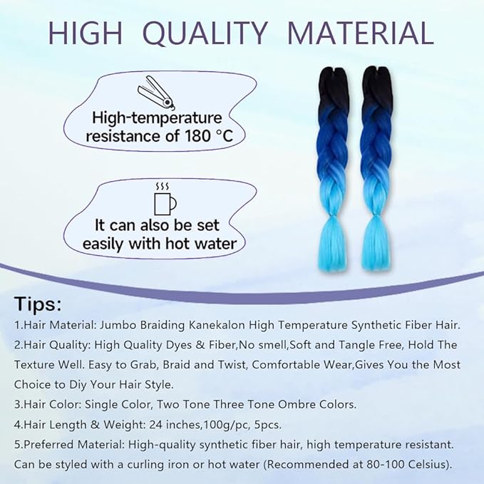 Ombre Braiding hair synthetic Crochet braids twist 24inch 5pcs/lot 100g Ombre two three tone Jumbo braid hair extensions Dreadlocks (black-blue-azure)