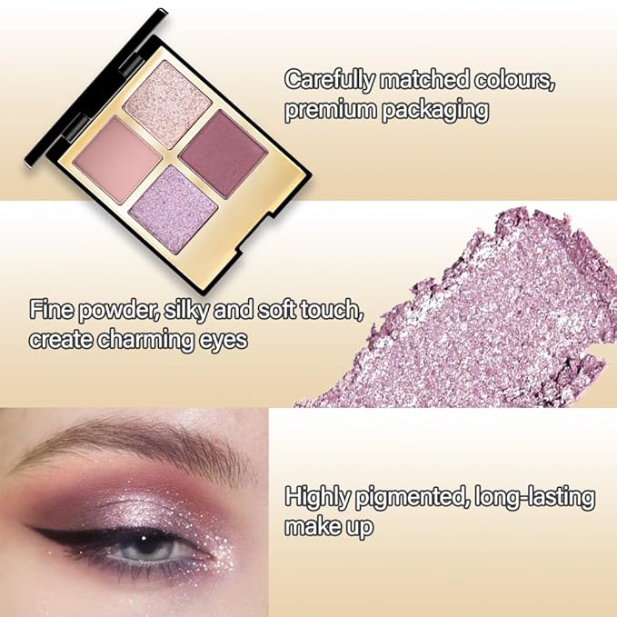 Eyeshadow Quad Makeup Palette – 4 Shades of Nude, Pink, Purple, Champagne Gold Tones, Blendable Matte & Shimmer, Long-Lasting Waterproof, Perfect for Mature & Young Women, with Built-In Mirror 03#