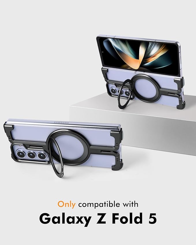 OATSBASF for Samsung Galaxy Z Fold 5 Bumper Case, with Kickstand 360° Rotatable Magnetic Stand Case, Minimalist Phone Case for Galaxy Z Fold 5, Frameless Metal Case, Black