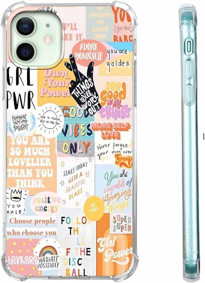 Case for iPhone 12/12 Pro with Beige Design,Cute Inspirational Positive Quotes Collage Pattern,Trendy Soft TPU Bumper Phone Cover(12,Yellow)