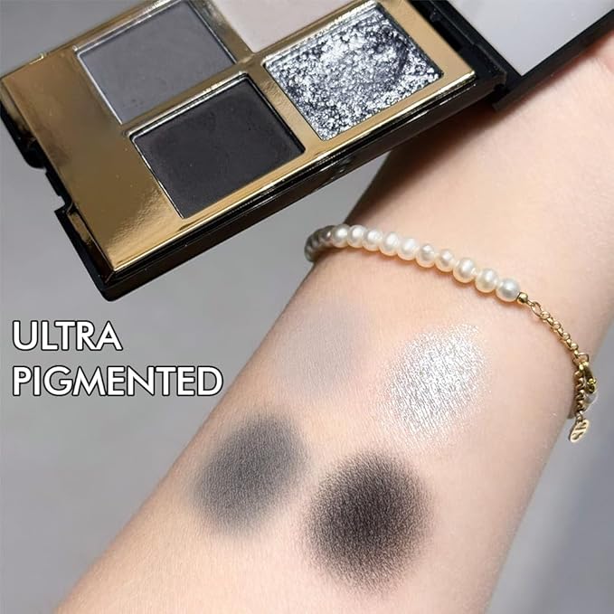 Eyeshadow Quad Makeup Palette – 4 Shades of Black, Gray, Natural, Nude & Smoky Tones, Blendable Matte & Shimmer, Long-Lasting Waterproof, Perfect for Mature & Young Women, with Built-In Mirror 01#