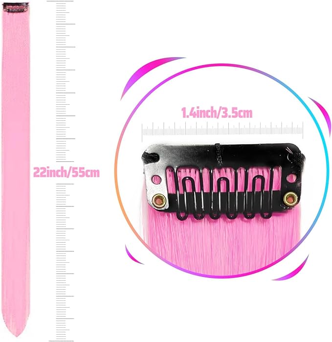 Ozzwolle 12 PCS Pink Hair Extensions Clip in, Party Highlights Clip in Hair Extensions 22 Inch Long Straight Hairpieces for Girls Kids Women Favor Gifts (Pink)
