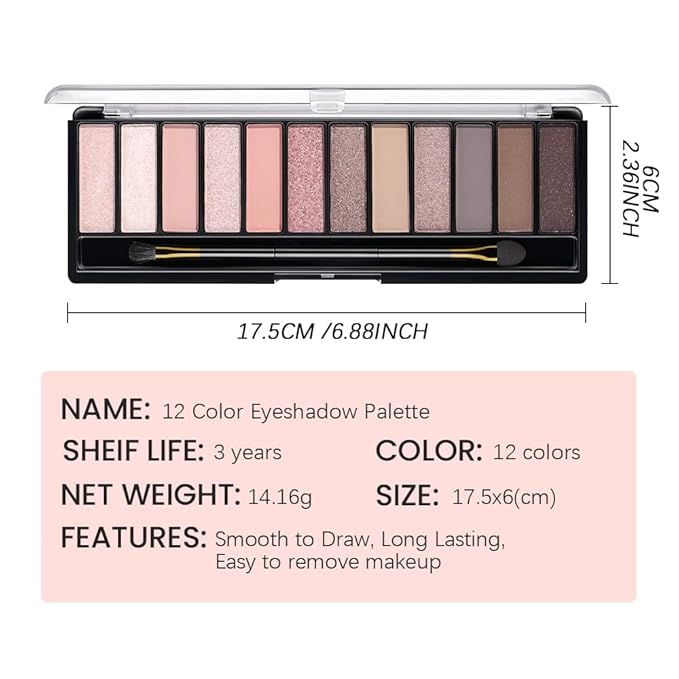 12 Colors Eyeshadow Palette – Soft Pink, Mauve & Neutral Tones with Matte, Shimmer & Glitter Finishes – Blendable Long-Lasting Waterproof Eye Makeup Palette – Romantic Lavender & Champagne Glow 02#