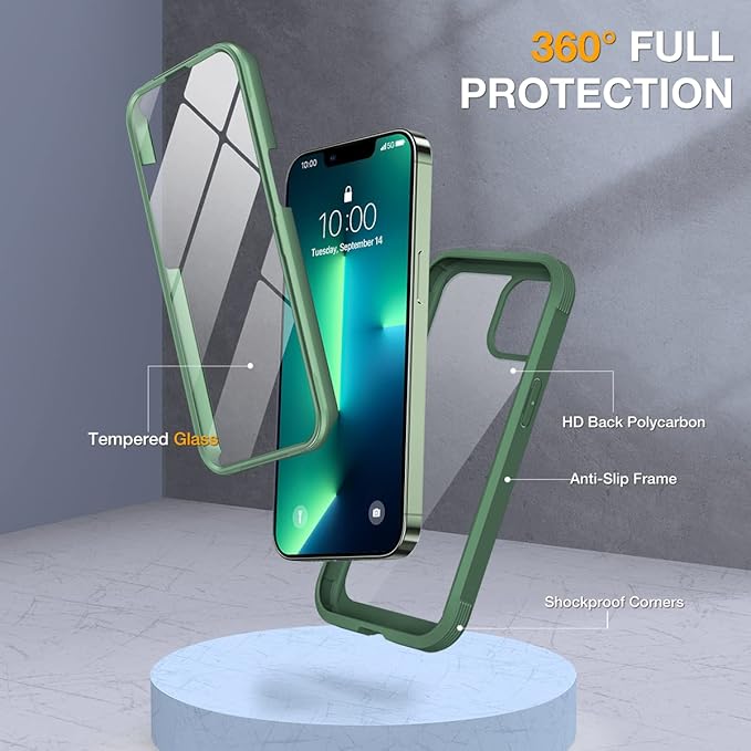 Miracase Glass Case for iPhone 13 Pro Max 6.7 inch, Upgrade Full-Body Clear Bumper Case with Built-in 9H Tempered Glass Screen Protector (Acacia Green)