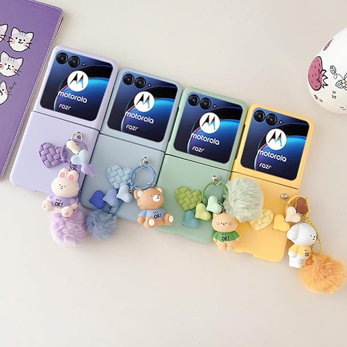 Moto Razr Plus 2024 Case - Plush Bear Toy Phone Charm Design, Frosted PC Back Soft Silicone Bumper Shockproof Girly Cover With Ring Holder - Blue