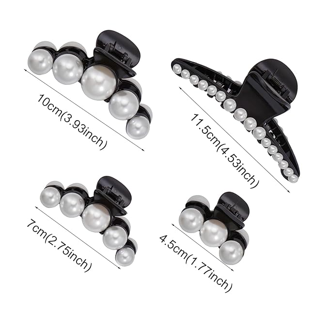 Mehayi 4 PCS Large Black Pearl Hair Claw Clips for Women Girls, Hair Barrette Clamps for Thick Thin Hair, Fashion Hair Accessories Headwear Styling Tools for Party Wedding