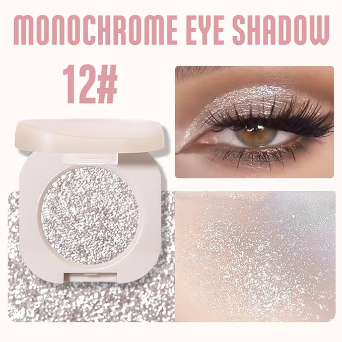 Monochrome Glittler Shimmer Eyeshadow Palette,Silver Gray White Shimmer Powder Eyeshadow,24 Hour Waterproof Blendable Pressed Glitter Single Eye Shadow Apply Makeup Easily, Vegan