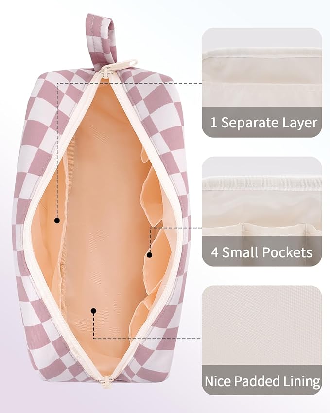 Narwey Checkered Makeup Bag Travel Cosmetic Bag Organizer Small Toiletry Bag Make Up Bags with Organized Pockets for Women (Dusty Rose Checkerboard, Large)
