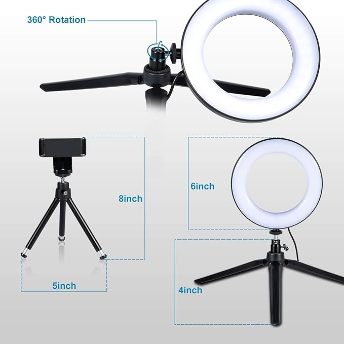 6" Ring Light with Stand & Phone Tripod 11 Brightness Level,Desktop Light for Remote Meeting, YouTube, Selfie, Makeup, Live Streaming,Business Video Call