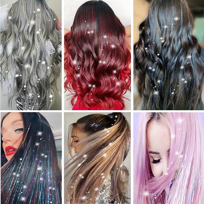 19.6Inch Clip in Sparkle Fairy Hair Extensions Kit for Kids, Girls, Women - 18 Pcs Heat Resistant Hair Tinsel Clips (Silver)