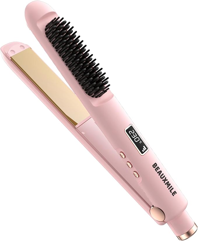 1” Flat Iron with Straightening Comb, 2-in-1 Hair Straightener Brush for Styling and Frizz Control, 30+ Temps, Negative Ions Hair Care, Dual Voltage, for All Hair Types, Pink