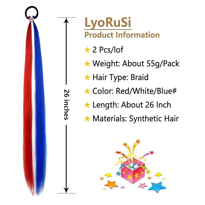2 Pack Braid Ponytail Extension with Elastic Tie Straight Sleek Wrap Around Extensions Hair Ponytail Extension 26 Inch (Red/White/Blue#)