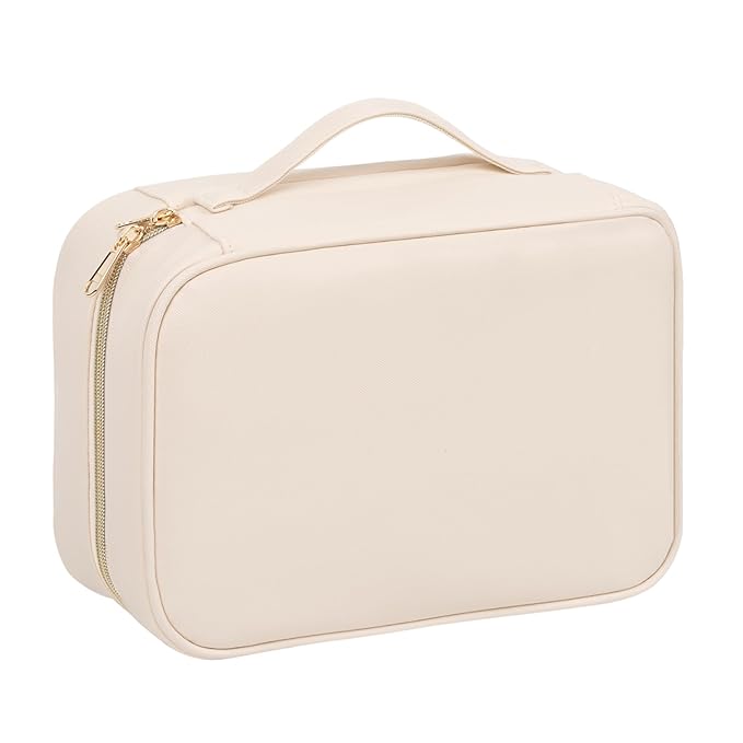 OCHEAL Makeup Bag, Make up Travel Bag Large Capacity Waterproof Cosmetic Organizer Bag with Makeup Brush Compartment & Handle for Women Girls Travel Toiletry Accessories-Beige