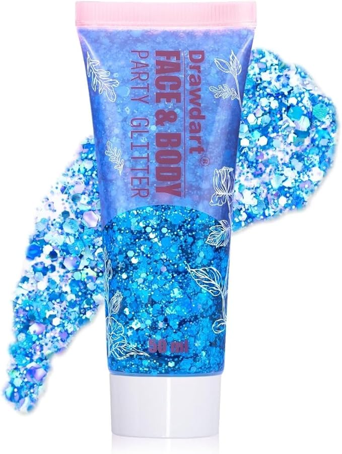 Body Glitter Gel,Blue Holographic Chunky Glitter for Face Hair Nails,Long Lasting Face Paint Glitter Music Festival Rave Accessories Makeup for Women Kids,50ml