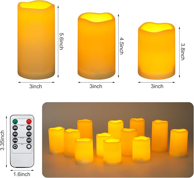 Enido Flameless Candles LED Candles Candles(D: 3" x H: 4" 5" 6") Battery Operated Plastic Pack of 12 Pillar