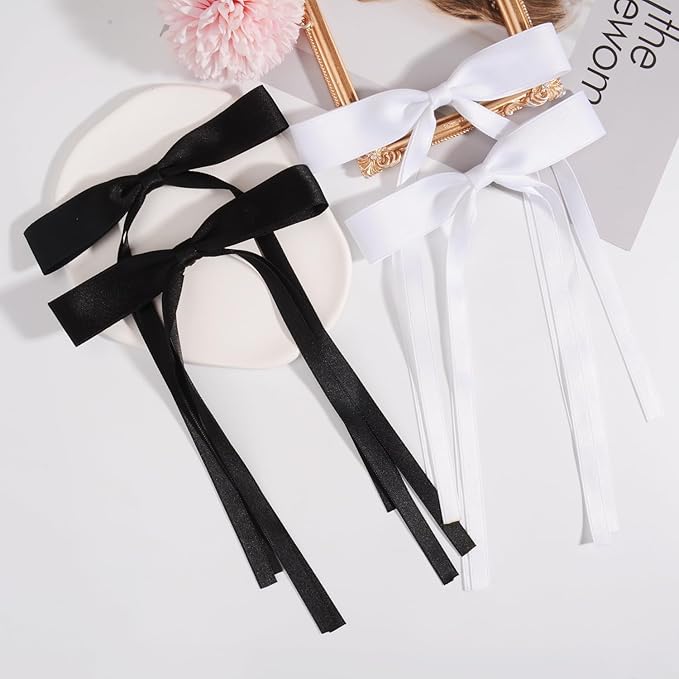 4 PCS Tassel Ribbon Bowknot Hair Clips With Long Tail for Women Girl Teens Kids, Solid Holder Fashion Bow Bowknot Hair Accessories Headwear Barrettes Claw(Black&White)