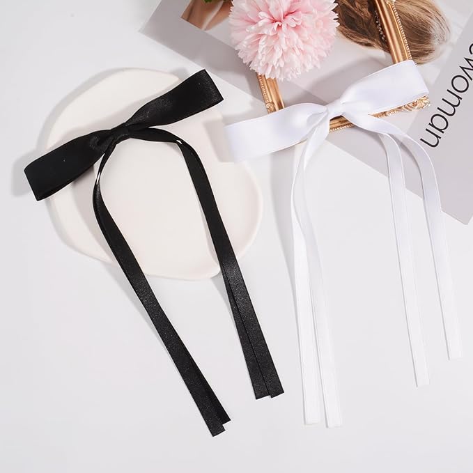 4 PCS Tassel Ribbon Bowknot Hair Clips With Long Tail for Women Girl Teens Kids, Solid Holder Fashion Bow Bowknot Hair Accessories Headwear Barrettes Claw(Black&White)