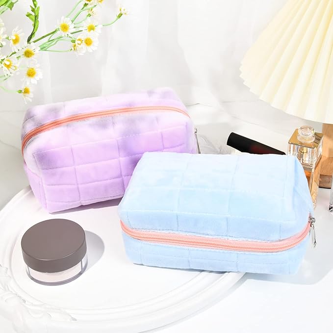 2 Pieces Makeup Bag Cute Cosmetic Bag Plush Blue Purple Makeup Pouch Travel Toiletry Bag Organizer Makeup Brushes Storage Bag for Women