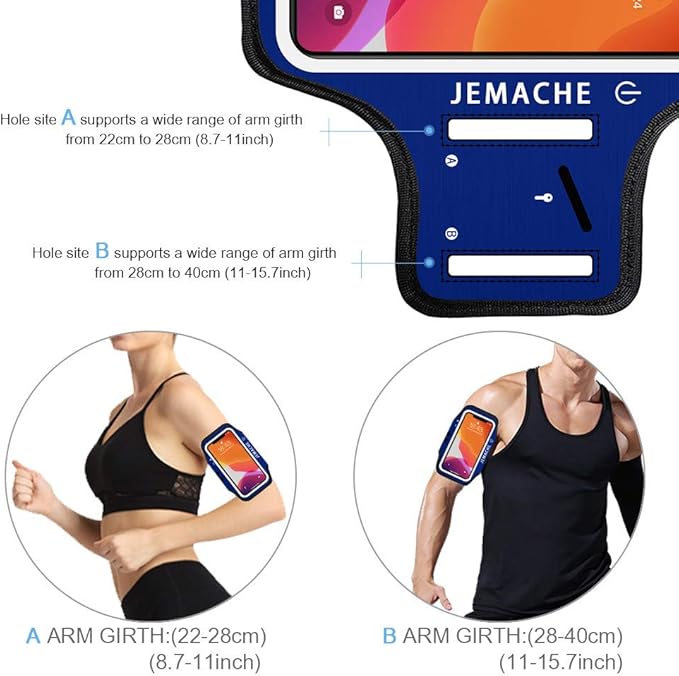 iPhone 16e 16 15 14 Armband with Earphone Holder, JEMACHE Water Resistant Gym Running Workouts Arm Band for iPhone 16e 16 15 14 13 12 11 Pro (Navy Blue)