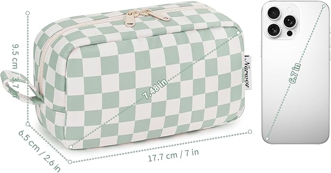 Narwey Small Checkered Makeup Bag for Purse, Gift for Teen Girls, Travel Makeup Pouch Mini Cosmetic Bag Cute Make up Bags Zipper Pouch for Women and Girls (Mint Green Checkerboard, Small)