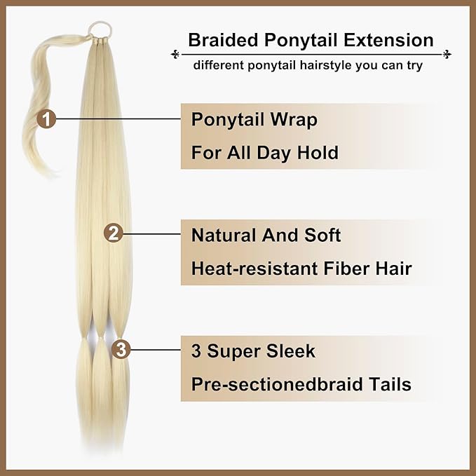 34 Inch Braided Ponytail Extension Braided Hair Extensions with Hair Tie Straight Wrap Around Long Braided Ponytail Natural Soft Synthetic Hair Piece for Women(613#)