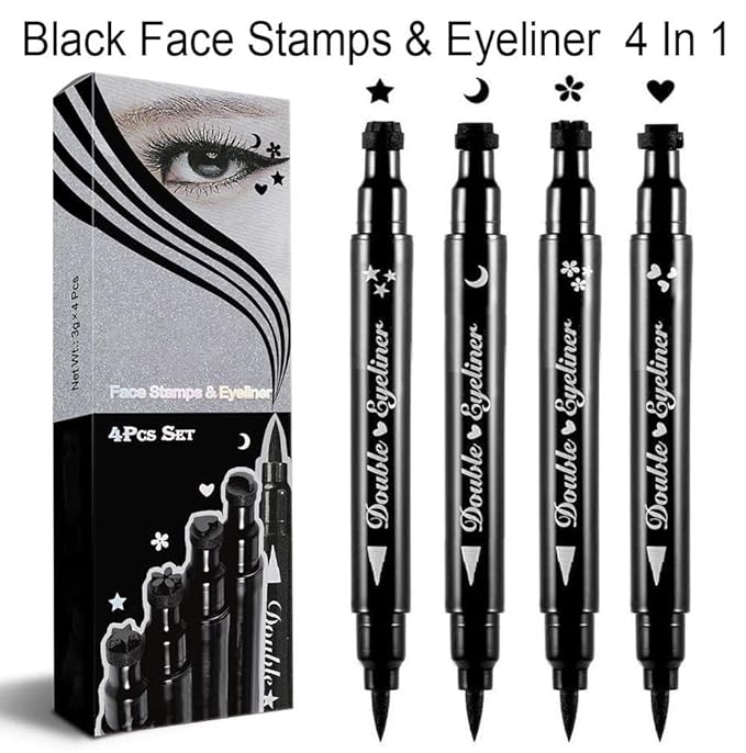 4Pcs Dual-Ended Black Liquid Eyeliners Pack with Face Stamps – Star Moon Flower Heart Stamps for Cosplay & Gothic Makeup,Fine Tip, Smudge-resistant – Beginner-Friendly (4Pcs-Black-set03)