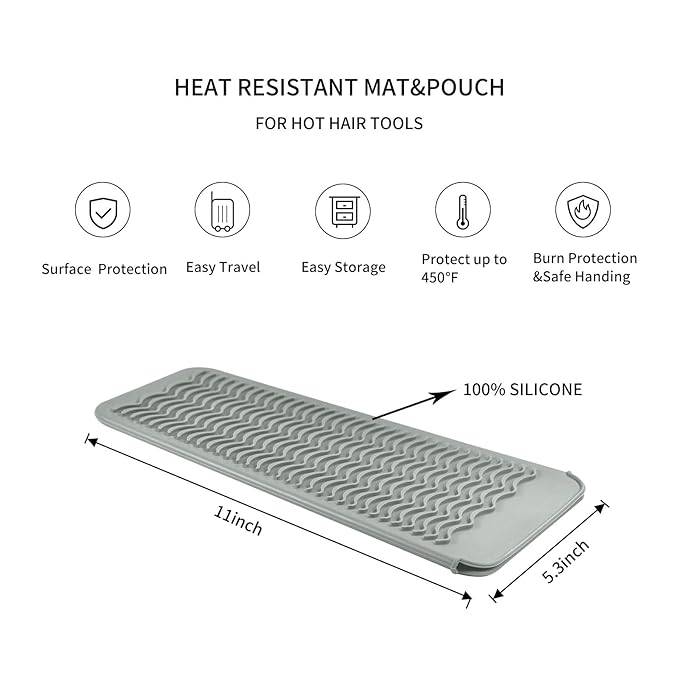 Heat Resistant Travel Mat Pouch for Hair Straighteners, Crimping Irons, Curling Wands, Flat Irons and Hair Styling Tools (1 Pack, Gray)