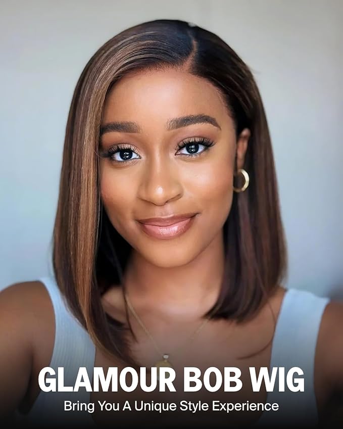 6x5 Highlight Bob Wig Human Hair Glueless Pre Cut HD Lace Closure Bob Wig 220% Density Wear and Go Glueless Wig Pre Plucked Ombre Wig Bleached Tiny Knots 12 Inch 1BP30