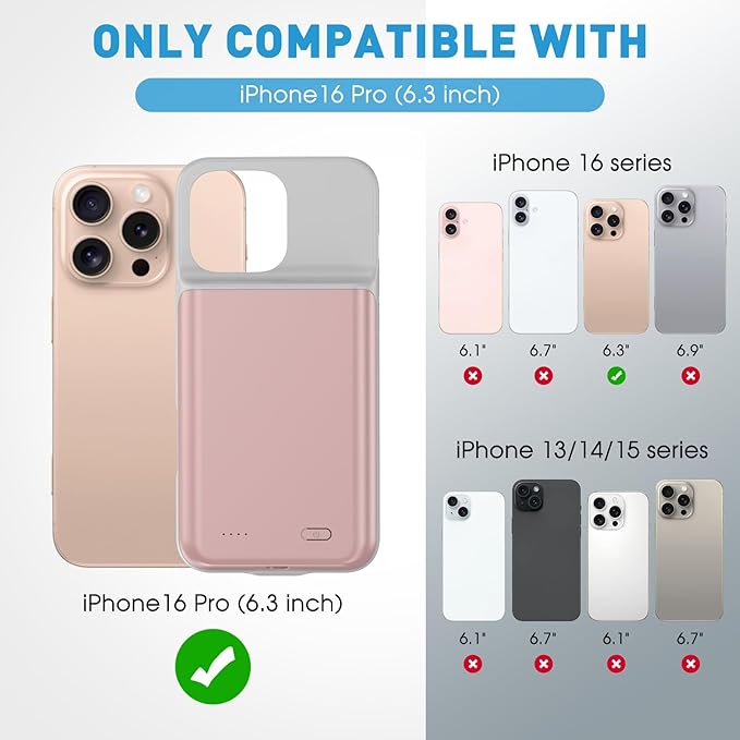 2025 New Upgraded 7000 mAh Travel Battery Case for iPhone 16Pro 6.3inch, Extra Battery Life 15W Fast Charging External Rechargeable Portable Charging Case with HD Tempered Protective Film,Pink