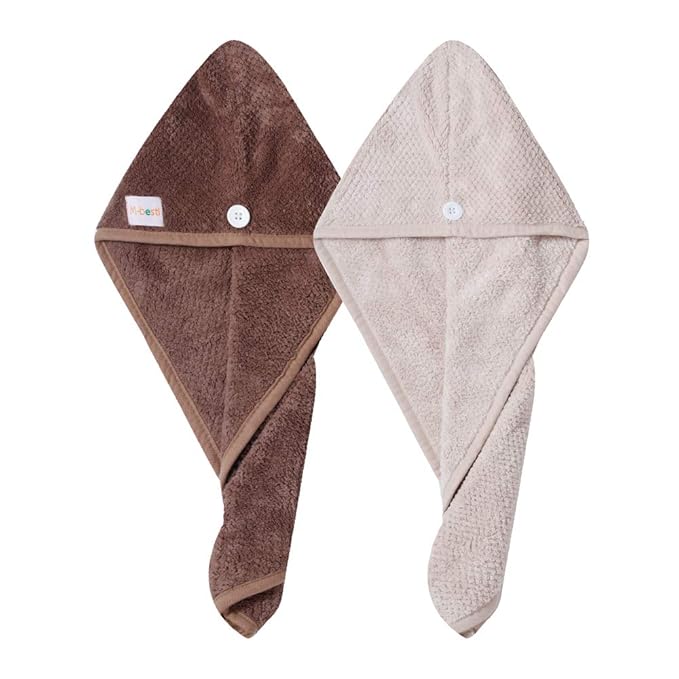 2 Pack Hair Drying Towels,Hair Wrap Towels,Absorbent Microfiber Hair Towel Turban with Button Design to Dry Hair More Quicker(Khaki&Coffee)