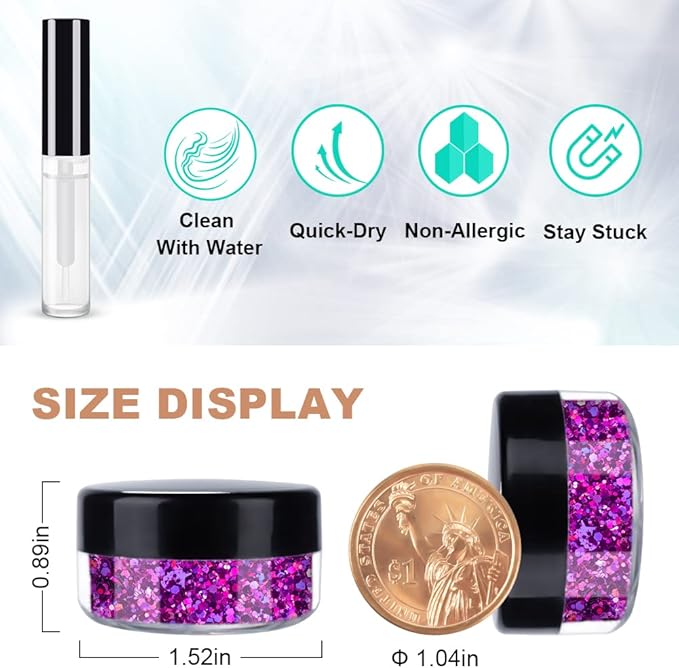 Purplish Red Holographic Chunky Glitter Cosmetic Body Hair Face Eye Nail for Festival Carnival Concert Party Beauty Rave Accessories Different Sizes&Shapes 2 Pots 14g/0.5oz+ Quick Dry Primer Glue Gel