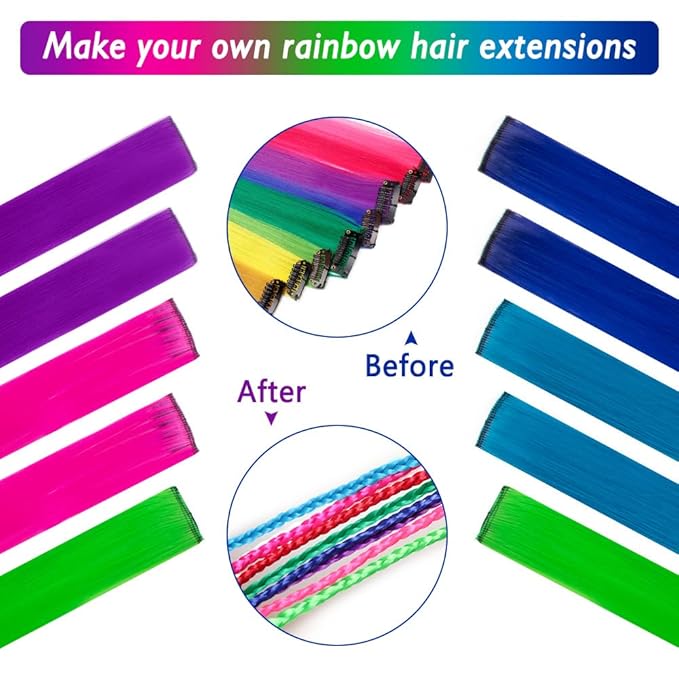 20 Packs Colored Hair Extensions 20Inch Straight Multi-5Colors Party Highlights Clip In Hair Extension Synthetic Rainbow Hairpieces for Girls Kids Gift(Blue,Dark blue,Grass Green,Purple,Rose Red)