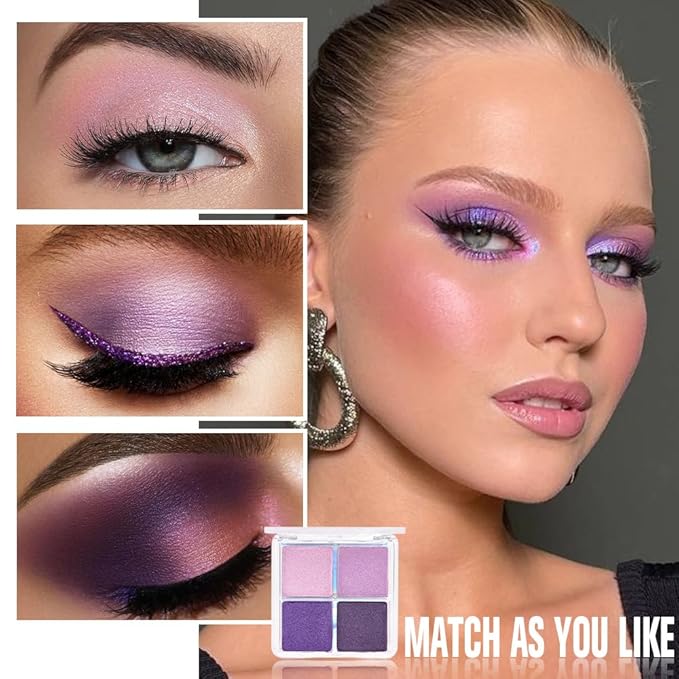4 Colors Dark Purple Light Pink Medium Orchid Eye Shadow Palette Makeup, Highly Pigmented Waterproof Matte Shimmer Eyeshadow Palette for Women, paleta de sombras de ojos, Vegan & Cruelty-free05