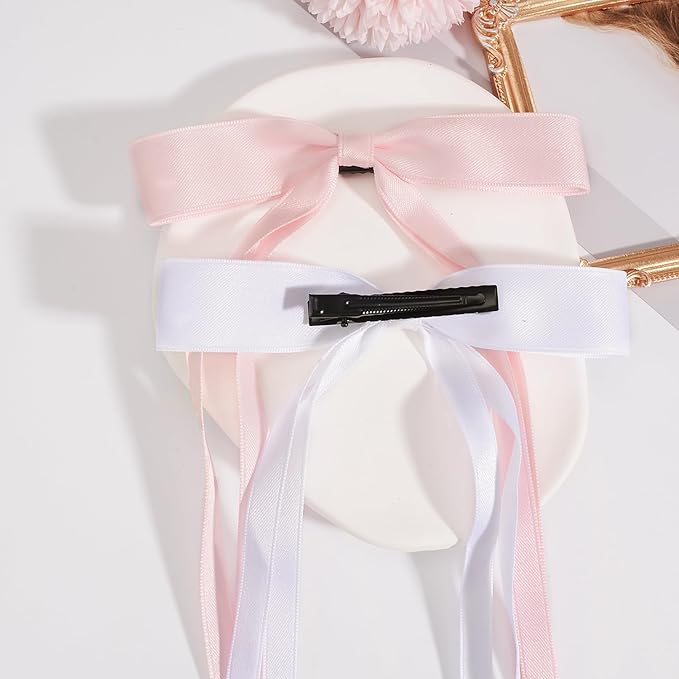 4 PCS Tassel Ribbon Bowknot Hair Clips With Long Tail for Women Girl Teens Kids, Solid Holder Fashion Bow Bowknot Hair Accessories Headwear Barrettes Claw(Pink&White)