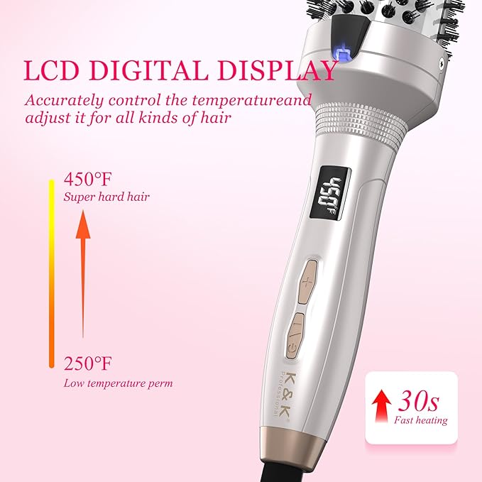 K&K Thermal Brush Heated Round Brush - Blowout Look Volumizer with 1.7 inch Heated Round for Hair Styler Tool Hair Straightener and Curler 2 in 1 Dual Voltage Temperture ContronalQuick & Easy