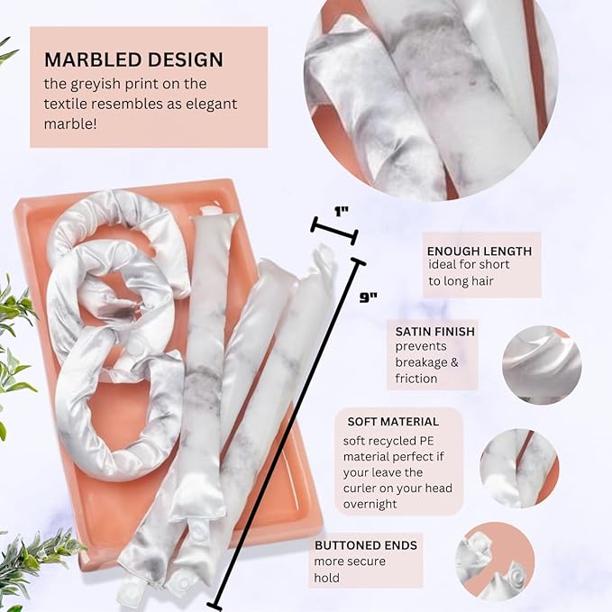Kitsch Satin Pillow Rollers -Heatless Hair Curler, Hair Rollers, Heatless Curls Overnight, Flexible Curling Rods for Long &Short Hairs, Flexi Rod Curlers to Sleep in, Overnight Blowout Rods-6pc Marble