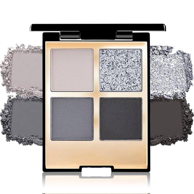Eyeshadow Quad Makeup Palette – 4 Shades of Black, Gray, Natural, Nude & Smoky Tones, Blendable Matte & Shimmer, Long-Lasting Waterproof, Perfect for Mature & Young Women, with Built-In Mirror 01#