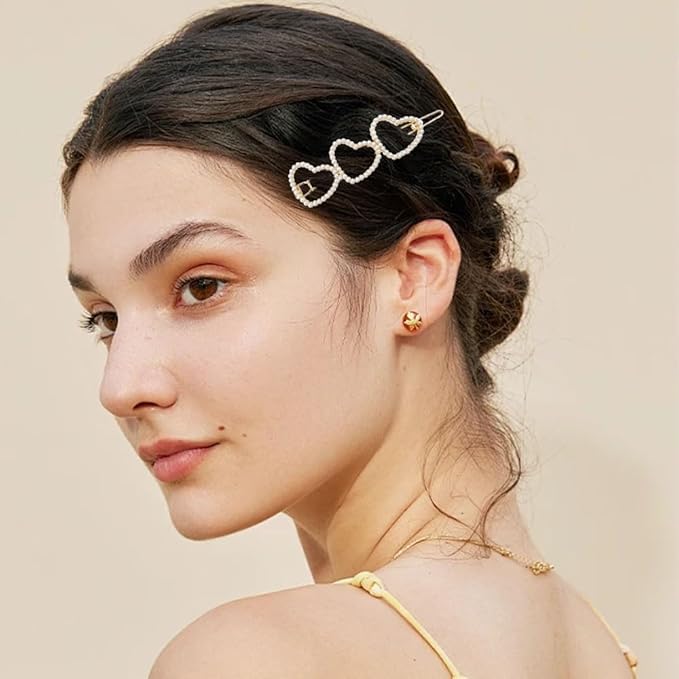 6PCS Pearl Heart Hair Clip, Hollow Boho Hair Barrette Non-Slip Metal Hairpin Valentines Wedding Prom Decorative for Women Girls Elegant Styling Hair Accessories