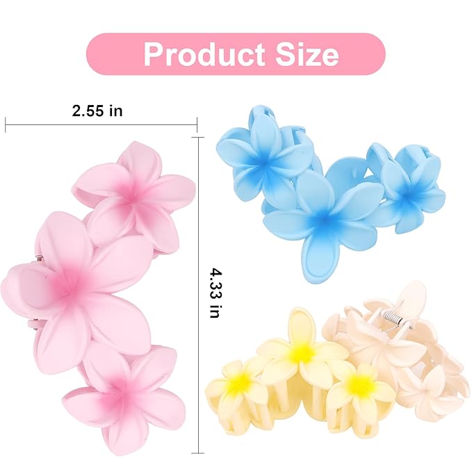 ANBALA 4PCS Flower Matte Claw Clips for Thick Hair - Large Plumeria Hair Accessories for Women, Summer Beach Hair Clips (Colorful)