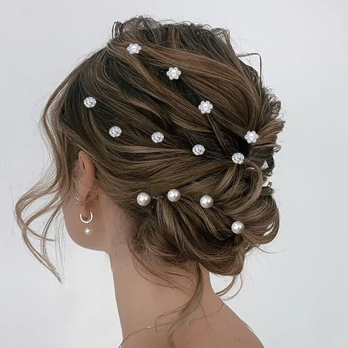 60 PCS 3 Shapes Gems Rhinestone Twister Hair Studs Set Diamond Spiral Pearl Flower Jewels Hair Pins Sticks for Wedding, Bridal, Prom, Party and Special Occasion (Diamond&Pearl&Flower)
