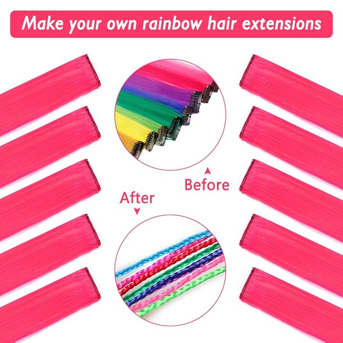 20 Inch Colored Hair Extensions Party Highlights Straight Colorful Clip In Hair Extensions Synthetic Rainbow Hairpieces for Girls Kids Gift(10Pcs Pink)