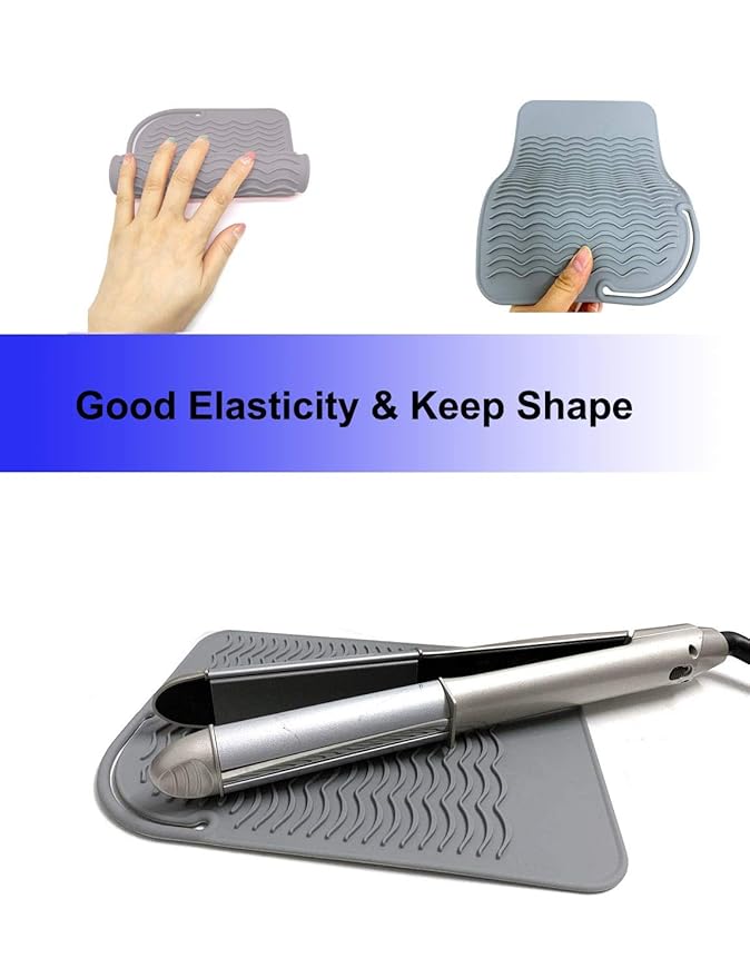 Heat Resistant Mat for Curling Iron, Flat Irons and Hair Straightener Hair Styling Tools 9" x 6.5", Food Grade Silicone, Grey