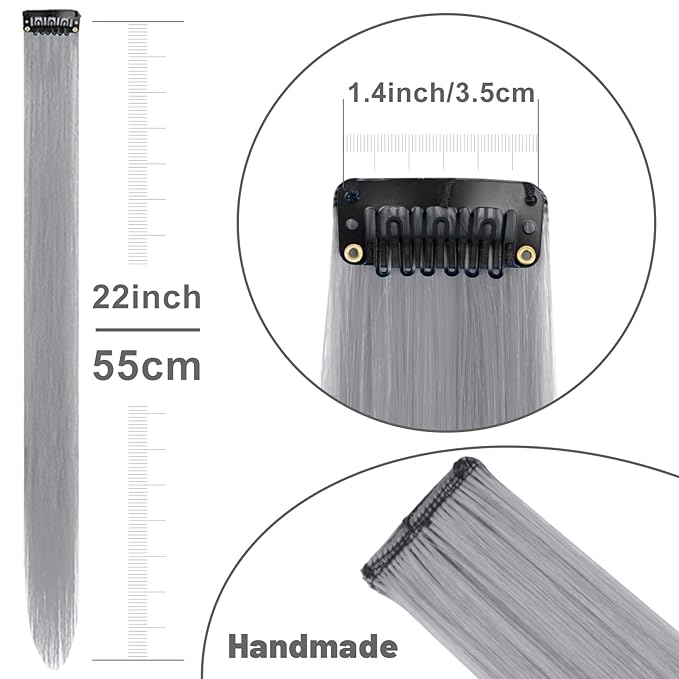 22 inch Colored Hair Extensions Straight Hairpiece, Multi-colors Party Highlights Clip in Synthetic Hair Extensions for Girls Women Kids Favor Gift(10 PCS Grey)