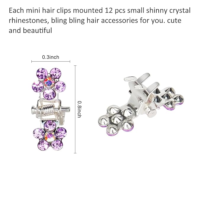 65PCS Mini Purple Flower Hair Clips with Rhinestone Mini Glitter Teeth Rhinestone Flower Hair Accessories No-Slip Grip Metal Jaw Clamps for Girls Women (Silver-Purple Crystal)